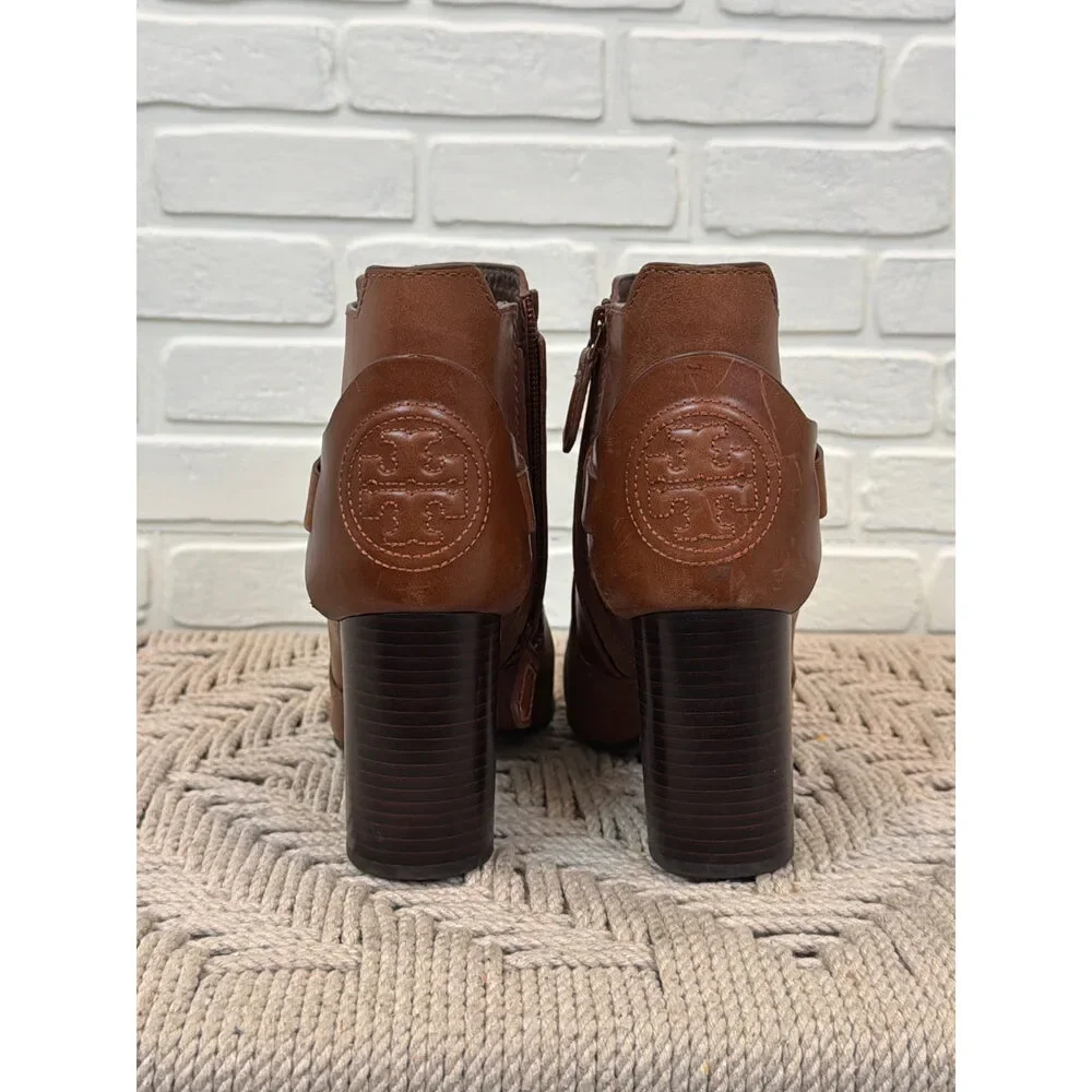 Tory Burch Miller Ankle Booties Brown Leather Buckle Strap Size 8